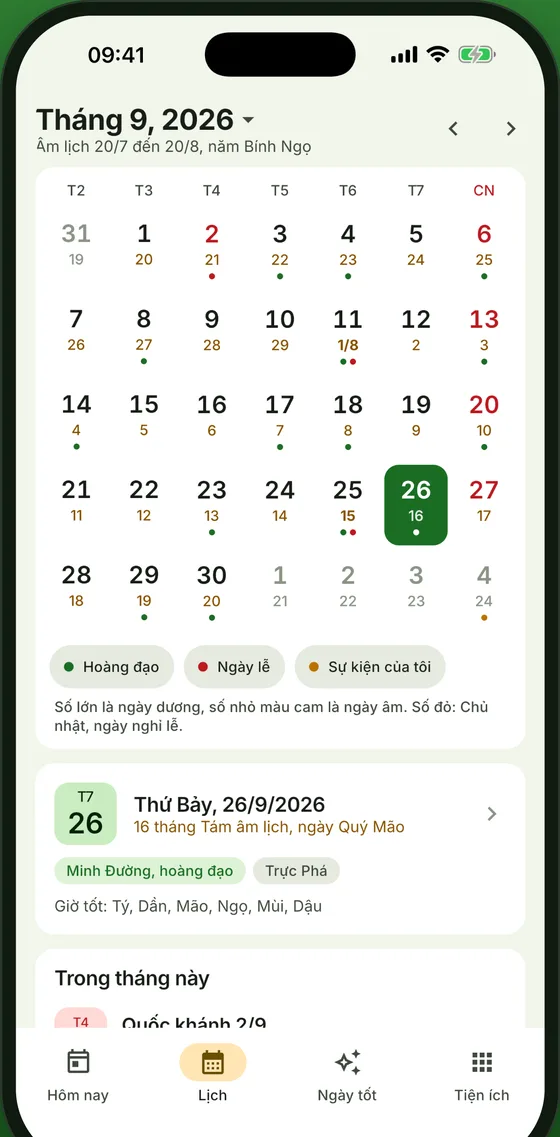 Lịch tháng hiển thị ngày âm và ngày lễ